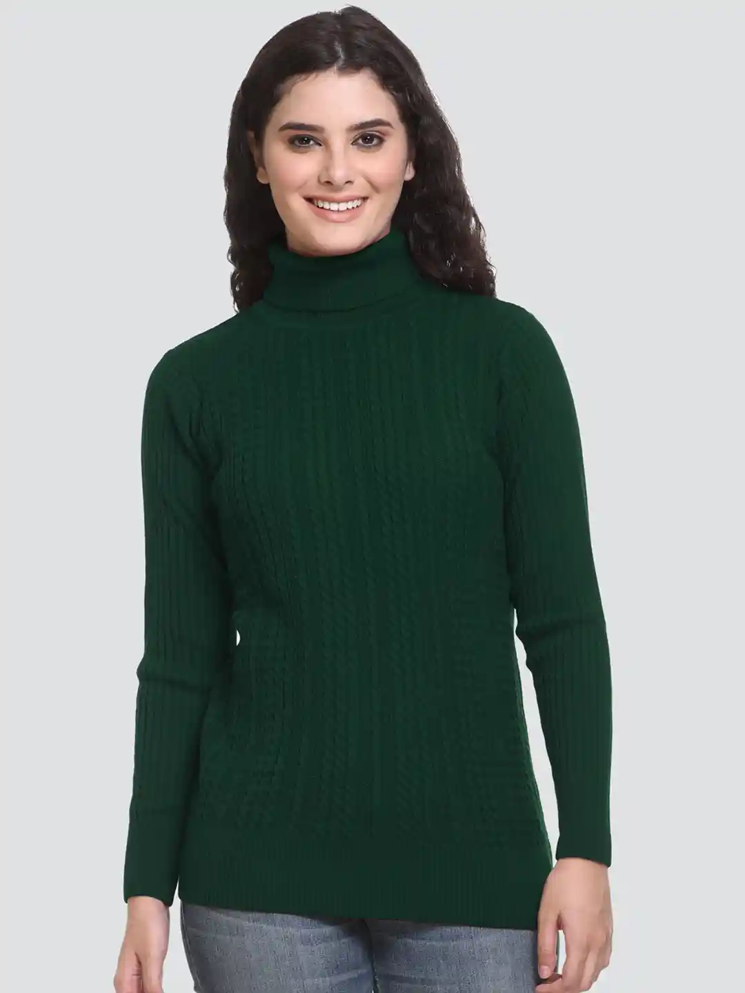GODFREY Women Green Cable Knit Turtle Neck Long Sleeves Acrylic Pullover  Sweater - Main Image
