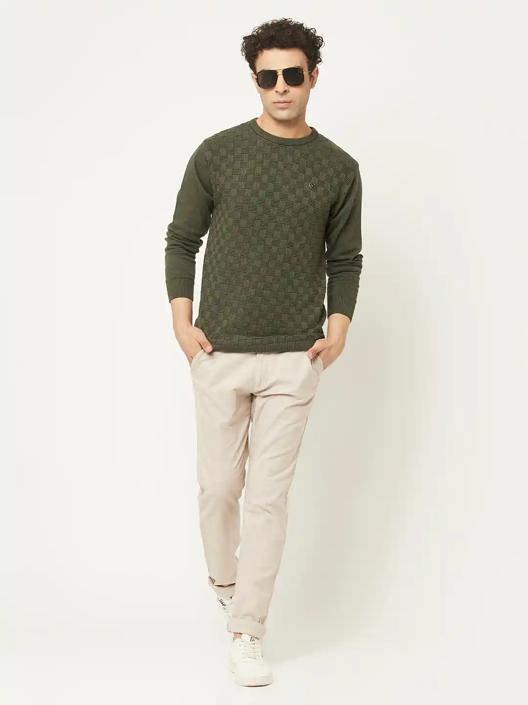 Crimsoune Club Men Army Green Self Design Cable Knit Pullover