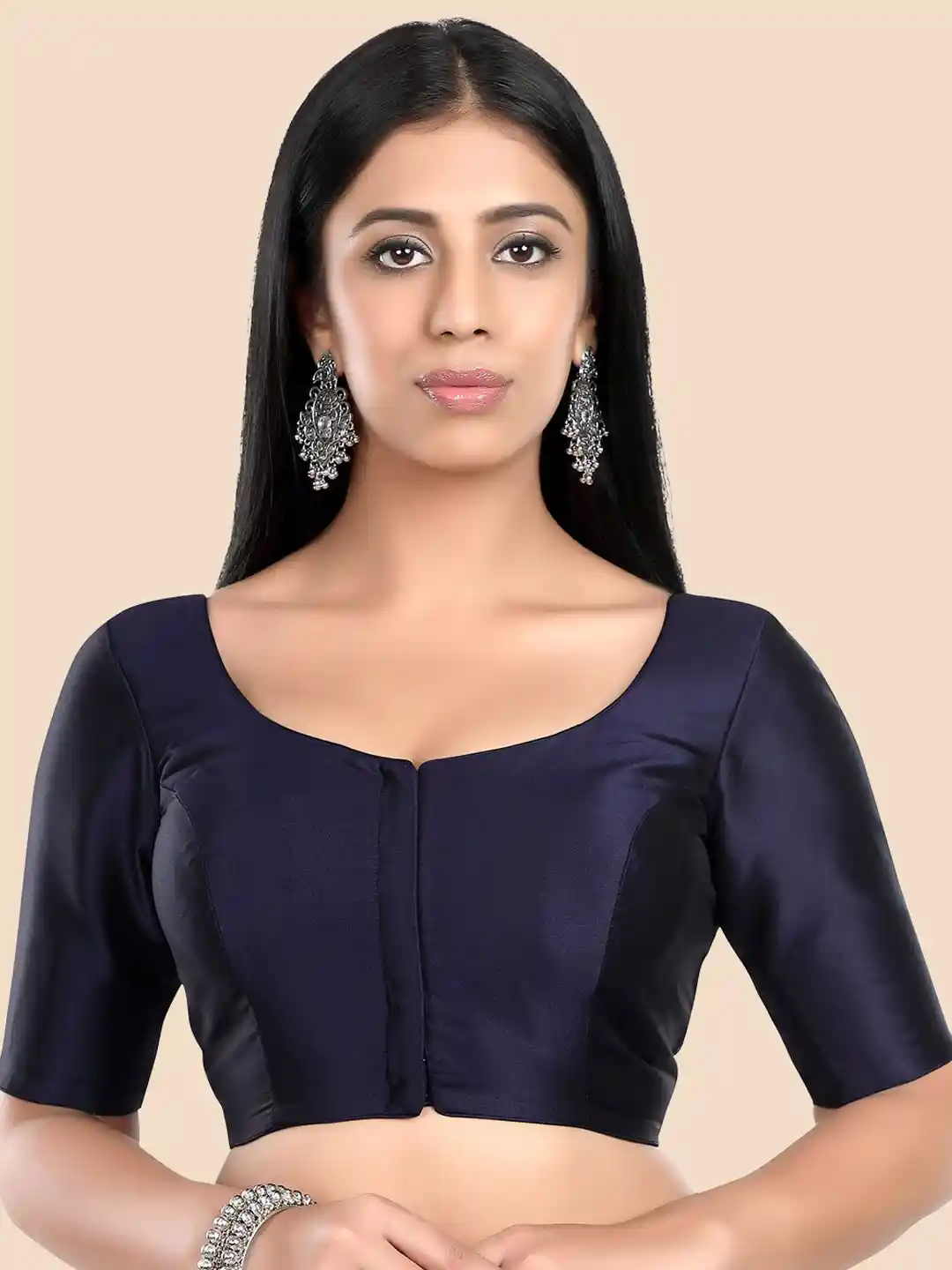 neckbook Navy Blue Solid Silk Padded Saree Blouse