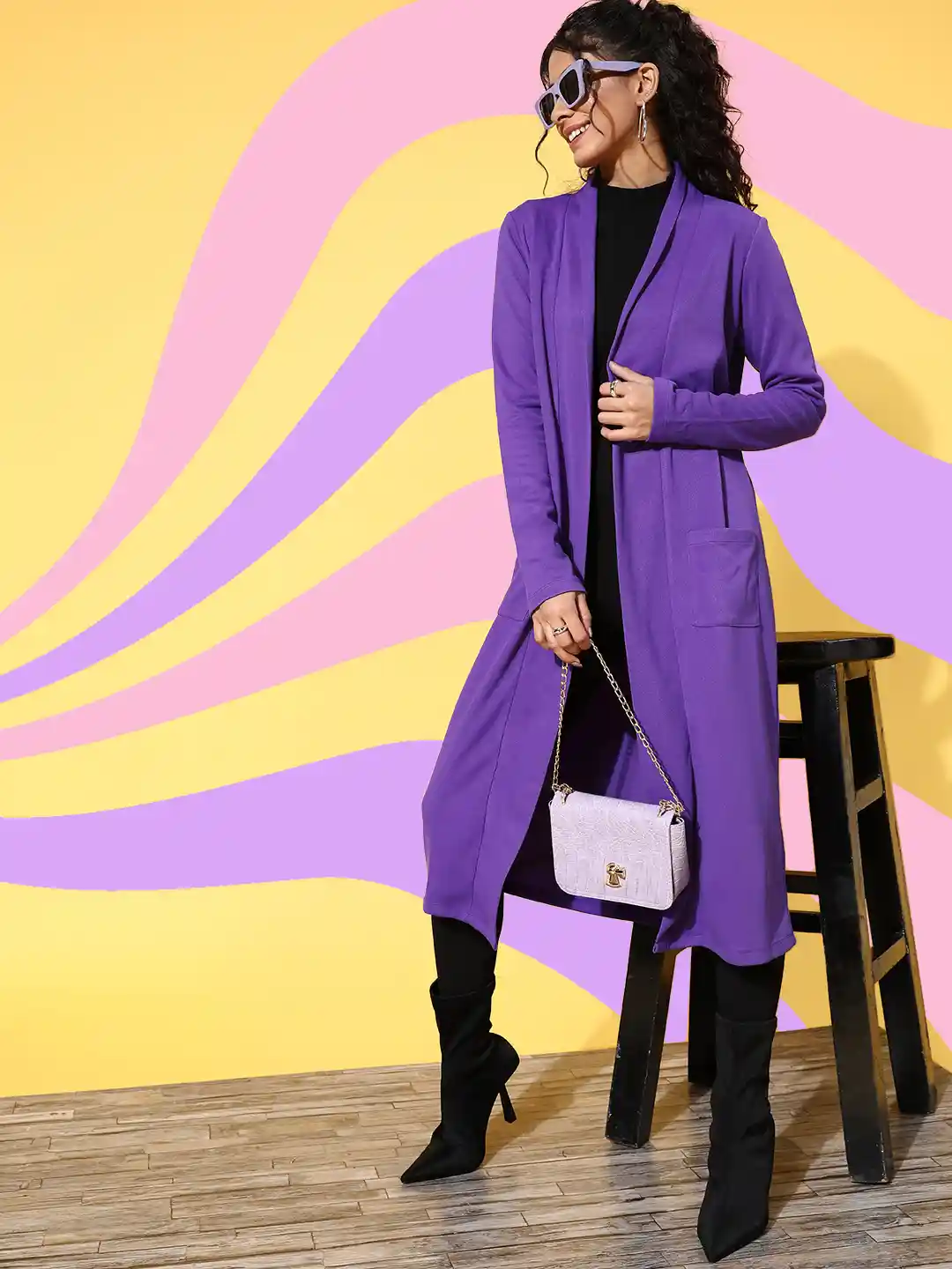 Buy SASSAFRAS Women Purple Solid Open Front Longline Shrug Shrug