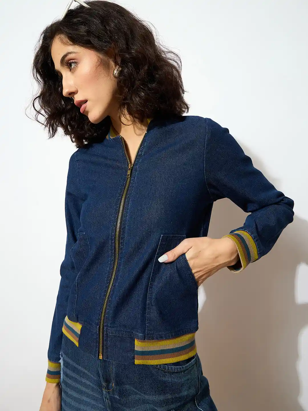 Buy SASSAFRAS Women Navy Blue Yellow Bomber Jacket Jackets for