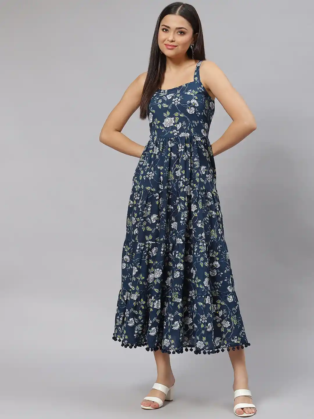 Buy Divena Navy Blue White Pure Cotton Floral Print Midi Dress - Main Image