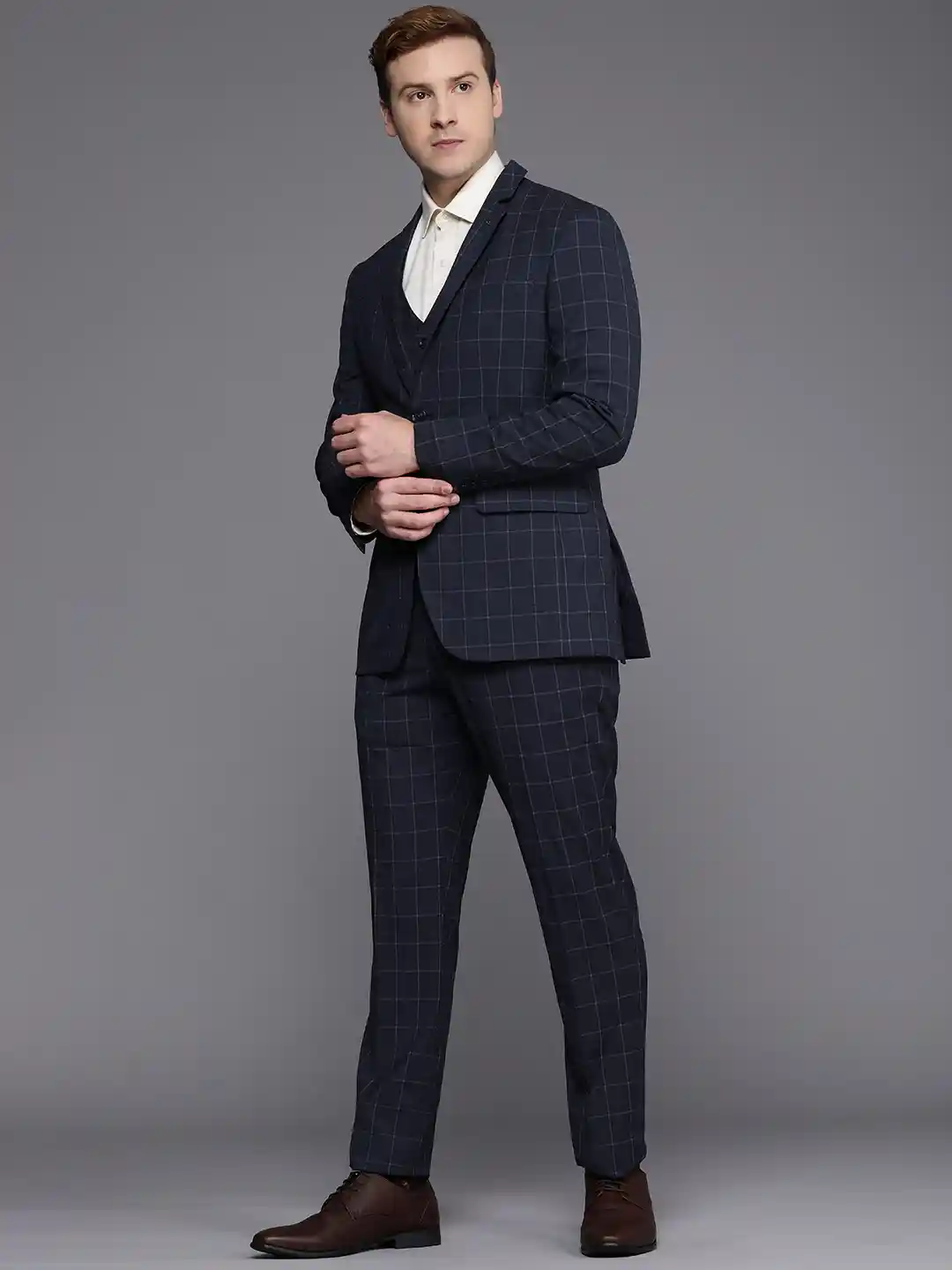 Louis Philippe Men Navy Blue Checked Slim-Fit Single-Breasted Three-Piece  Formal Suit