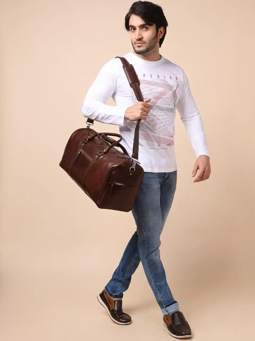 Buy Sassora Brown Solid Genuine Leather Duffel Bag Duffel Bag - Main Image