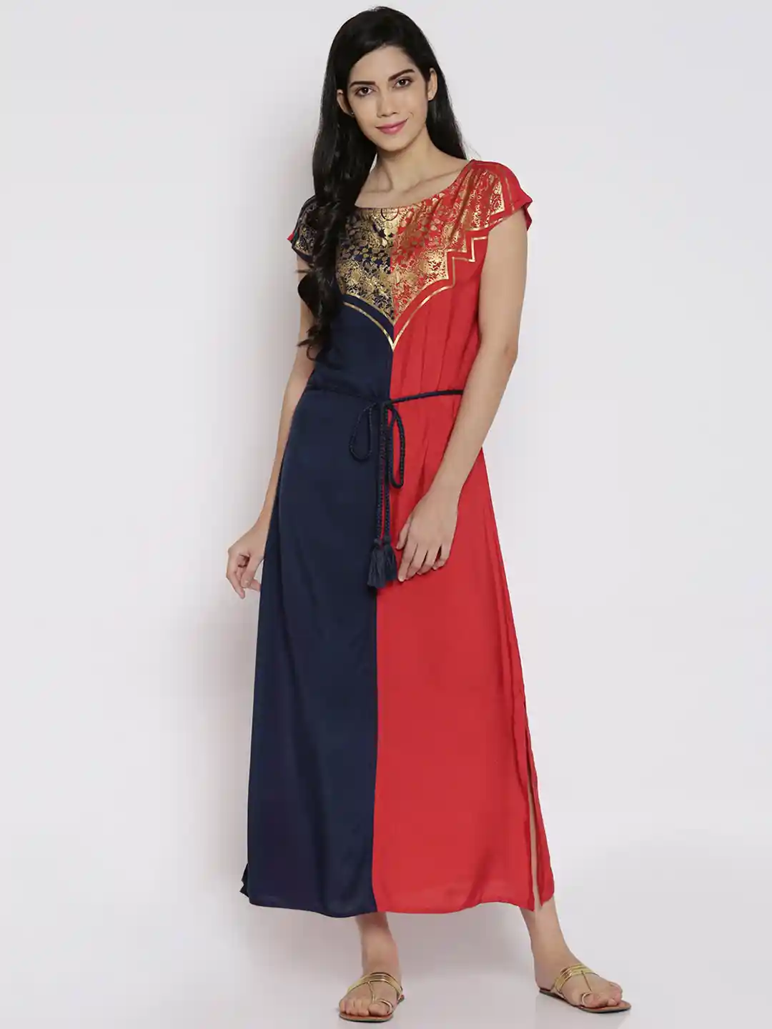 AKKRITI BY PANTALOONS Women Navy Blue Red Colourblocked Maxi Dress