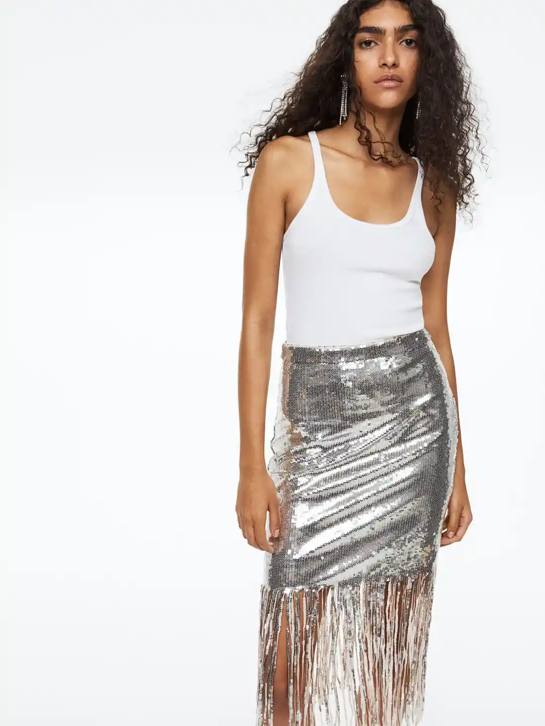 Buy H&M Women Silver Fringe-Hem Sequined Skirt Skirts for Women