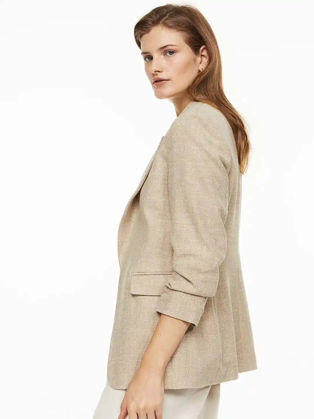 Buy H&M Woman Beige Gathered-Sleeve Blazer Blazers for Women