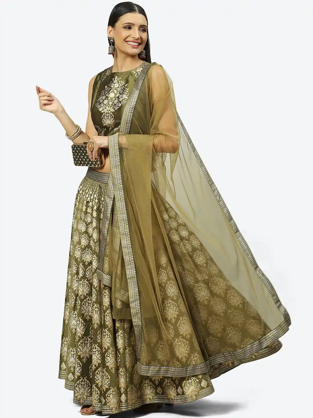 Flipkart Biba Lehenga Saree Biba Olive Green Gold-Toned Printed