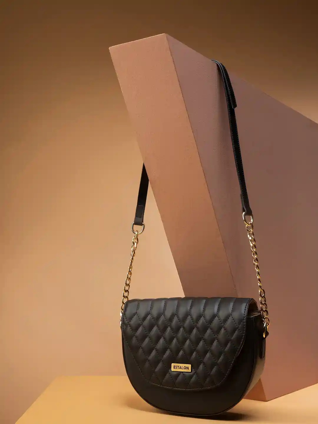 Buy ESTALON Black Quilted Textured Half Moon Sling Bag Handbags