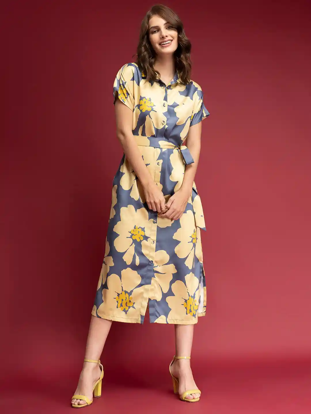 FableStreet Floral Satin Formal A-Line Midi Dress