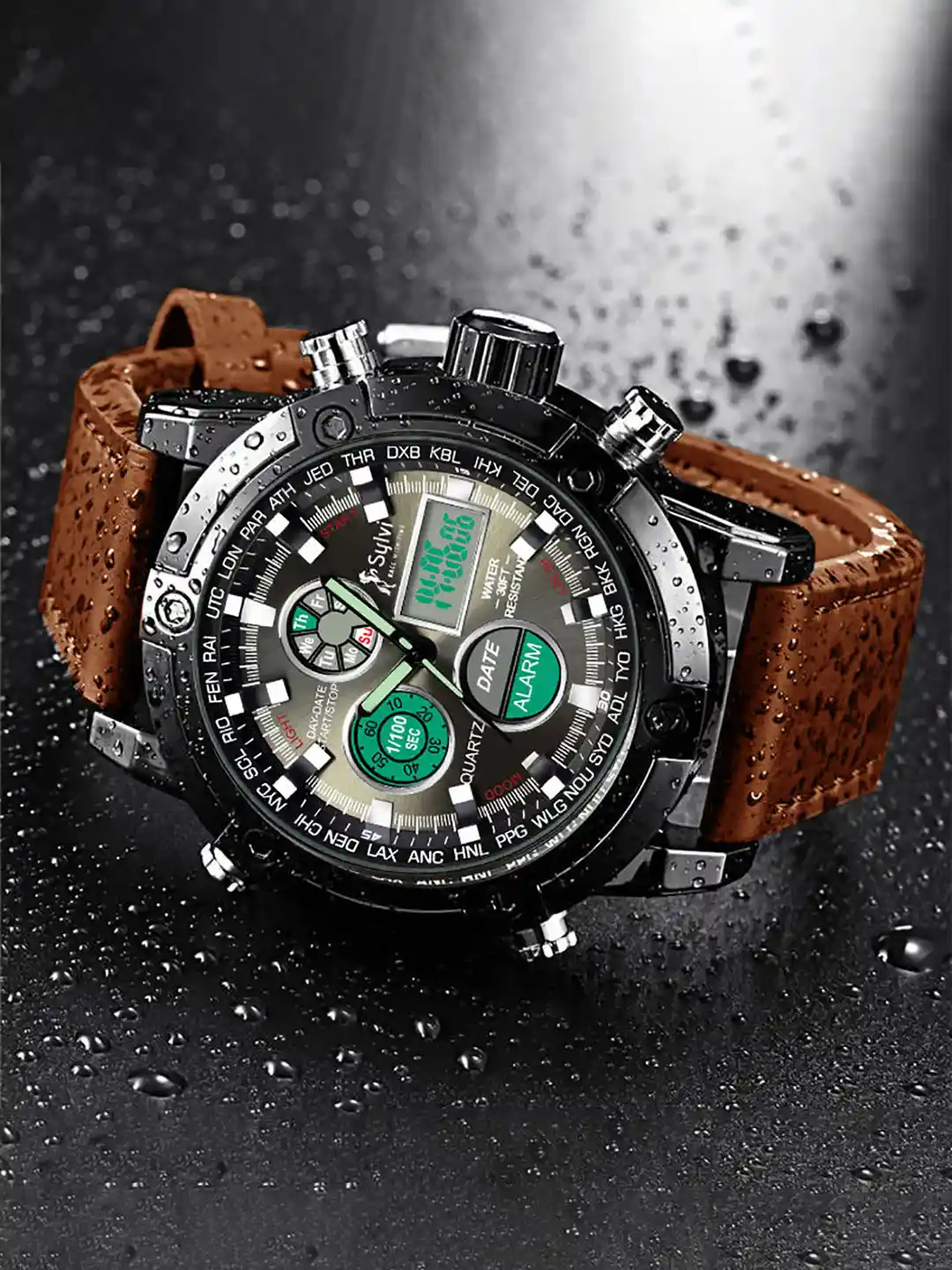 Sylvi Men Black Patterned Dial Brown Leather Straps Analogue and Digital  Watch VL-3022