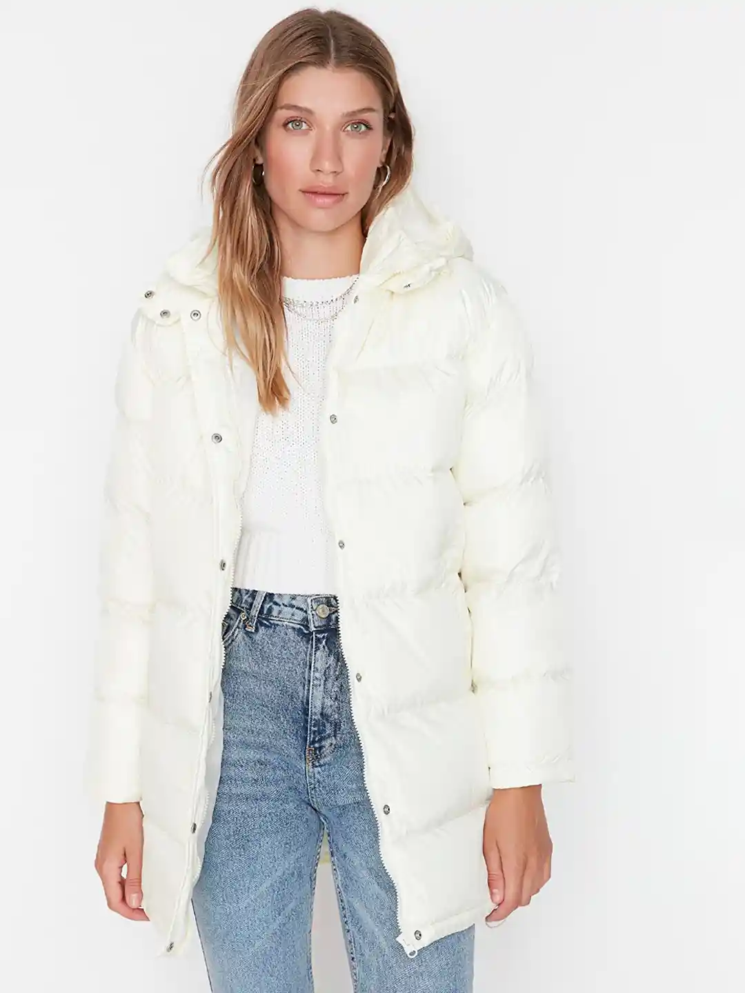 Buy Trendyol Women Off White Solid Longline Hooded Puffer Jacket