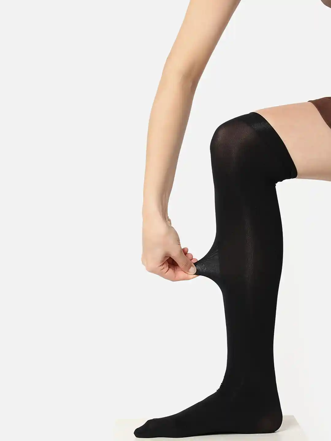 Buy HAUTE SAUCE Women Black Semi-Sheer Thigh-High Stockings