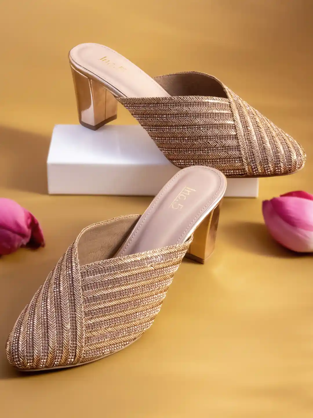 Buy Inc Women Rose Gold Embellished Ethnic Block Mules Heels