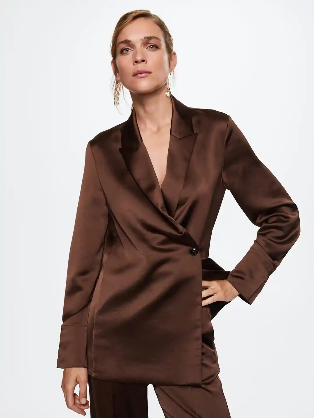 Buy MANGO Women Brown Solid Satin Double-Breasted Sustainable