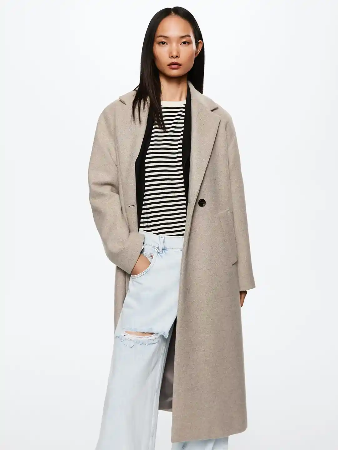 Buy MANGO Women Beige Oversize Woolen Sustainable Coat Coats for