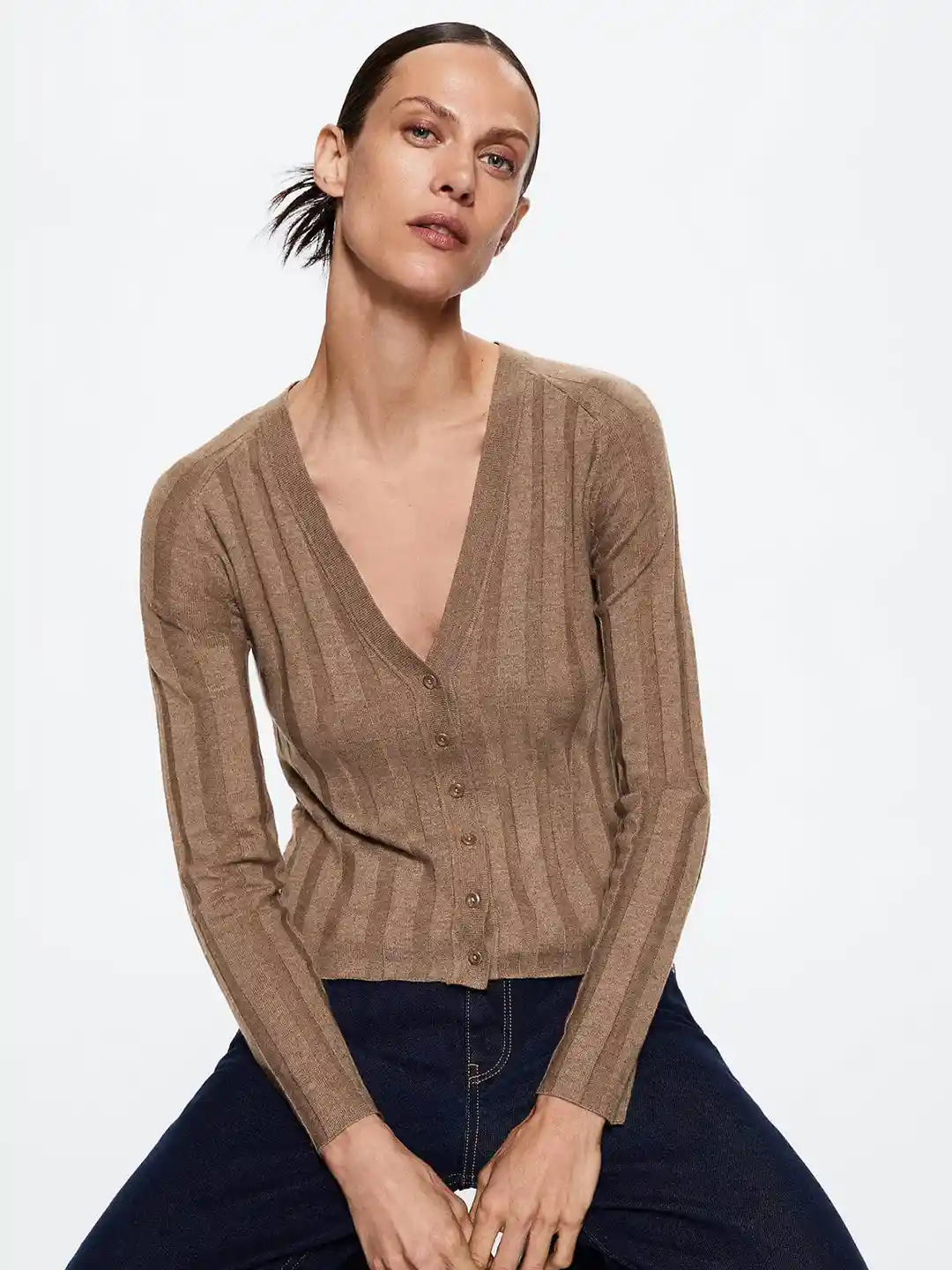 Buy MANGO Women Brown Ribbed V-Neck Sustainable Cardigan