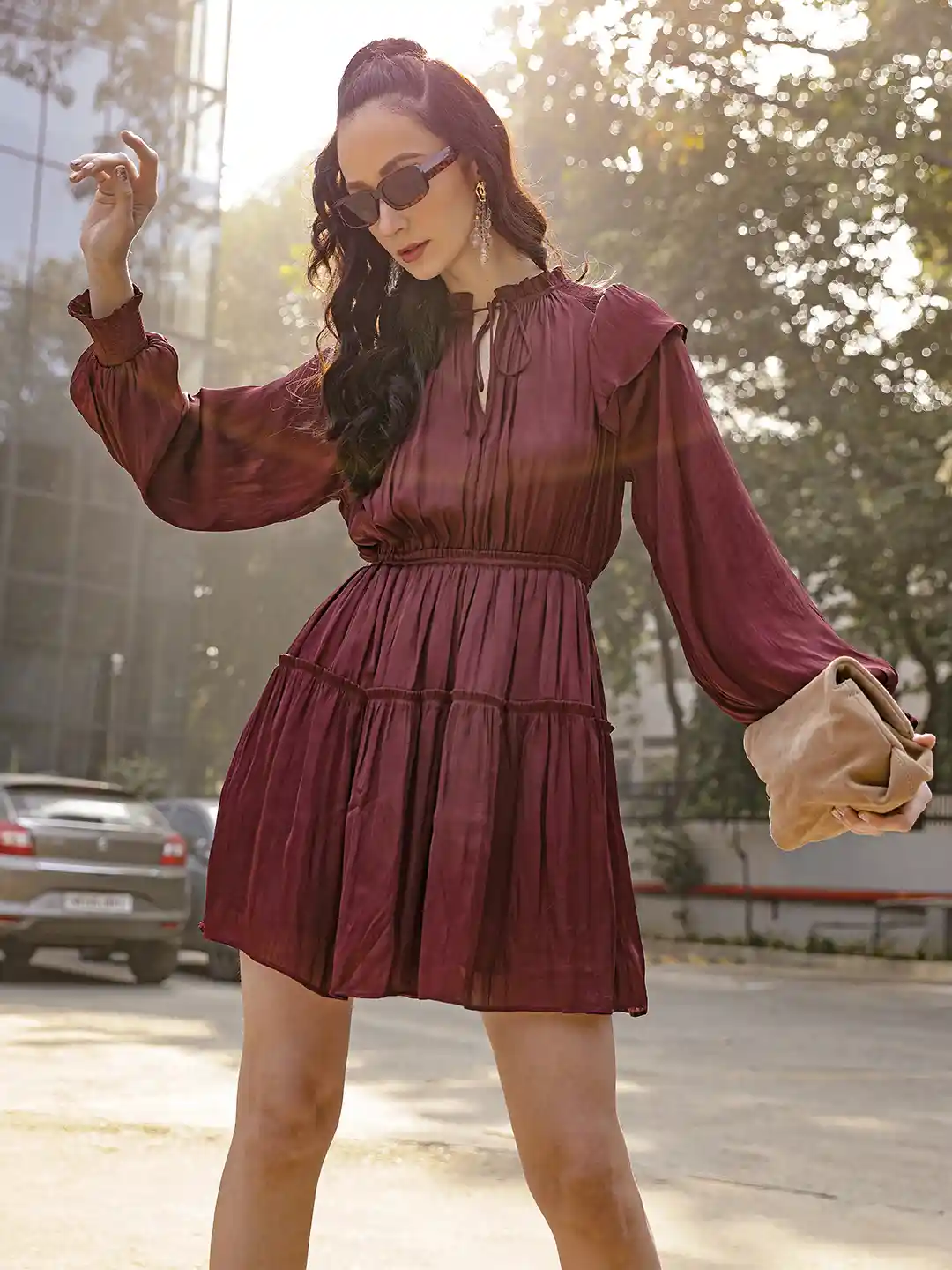Buy MANGO Women Burgundy Solid Ruffle Detail A-Line Dress