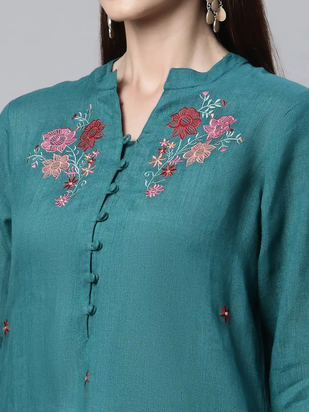 Buy Linen Club Woman Women Teal Green Floral Embroidered Linen