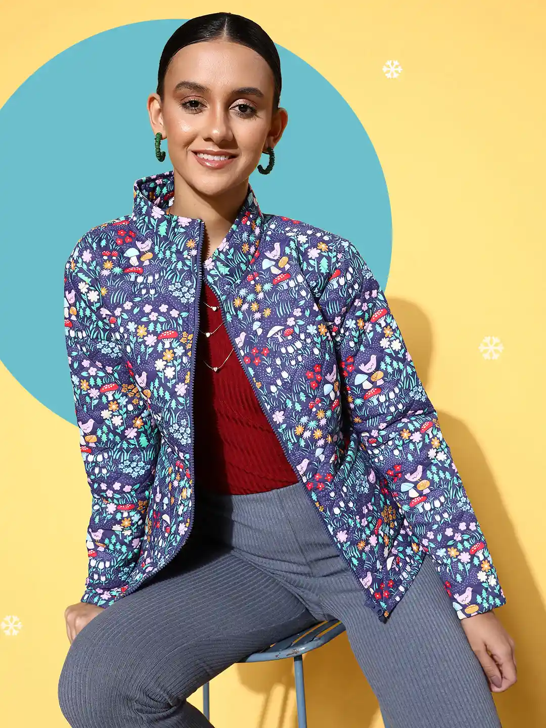 Buy SASSAFRAS Women Purple White Floral Print Padded Jacket