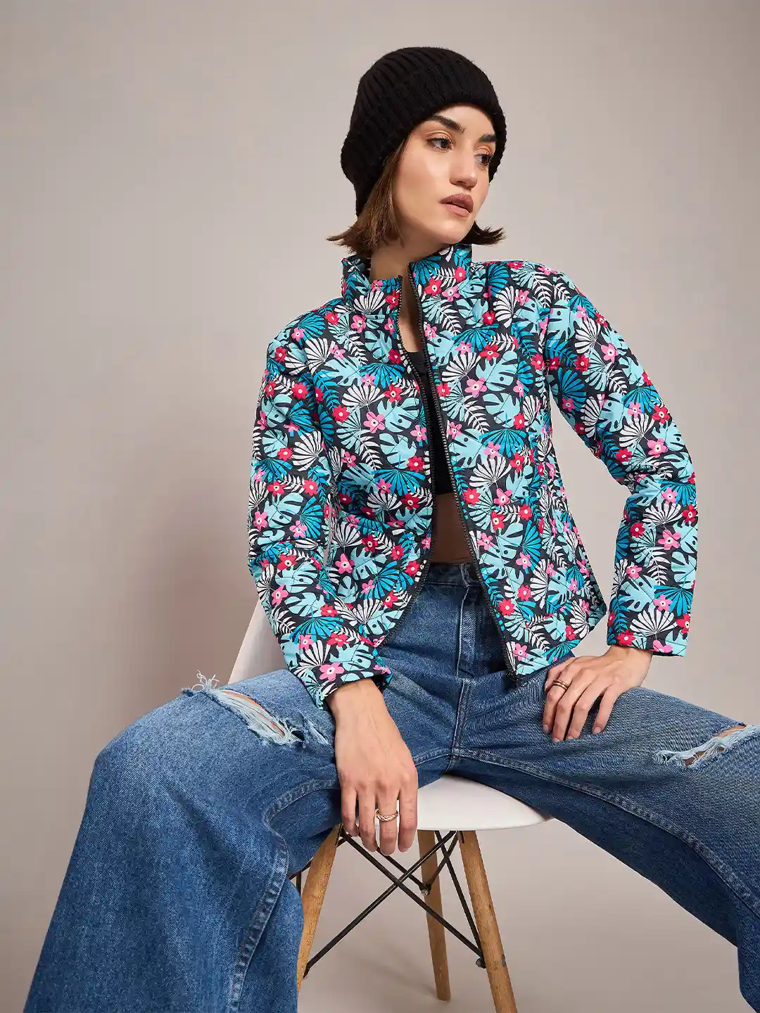 Buy SASSAFRAS Women Black Blue Floral Printed Quilted Jacket