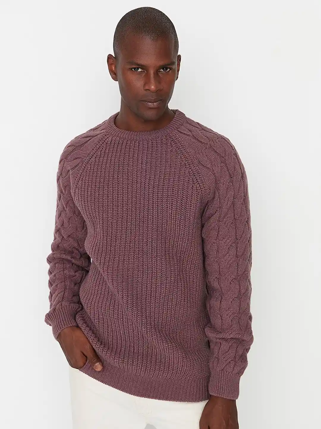 Buy Trendyol Men Mauve Cable Knit Pullover Sweater Sweaters for