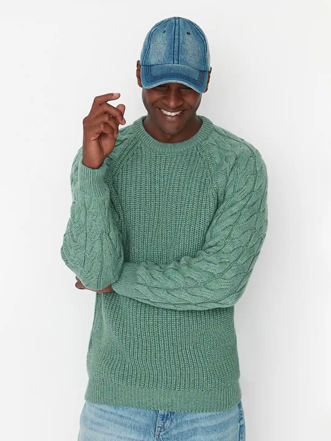 Trendyol Men Green Cable Knit Pullover Sweater