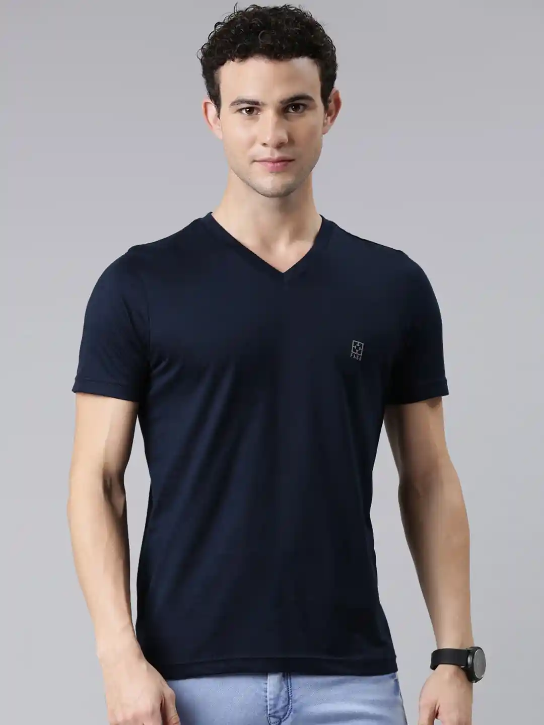 Buy FASO Men Navy Blue Solid V-Neck Organic Cotton T-shirt