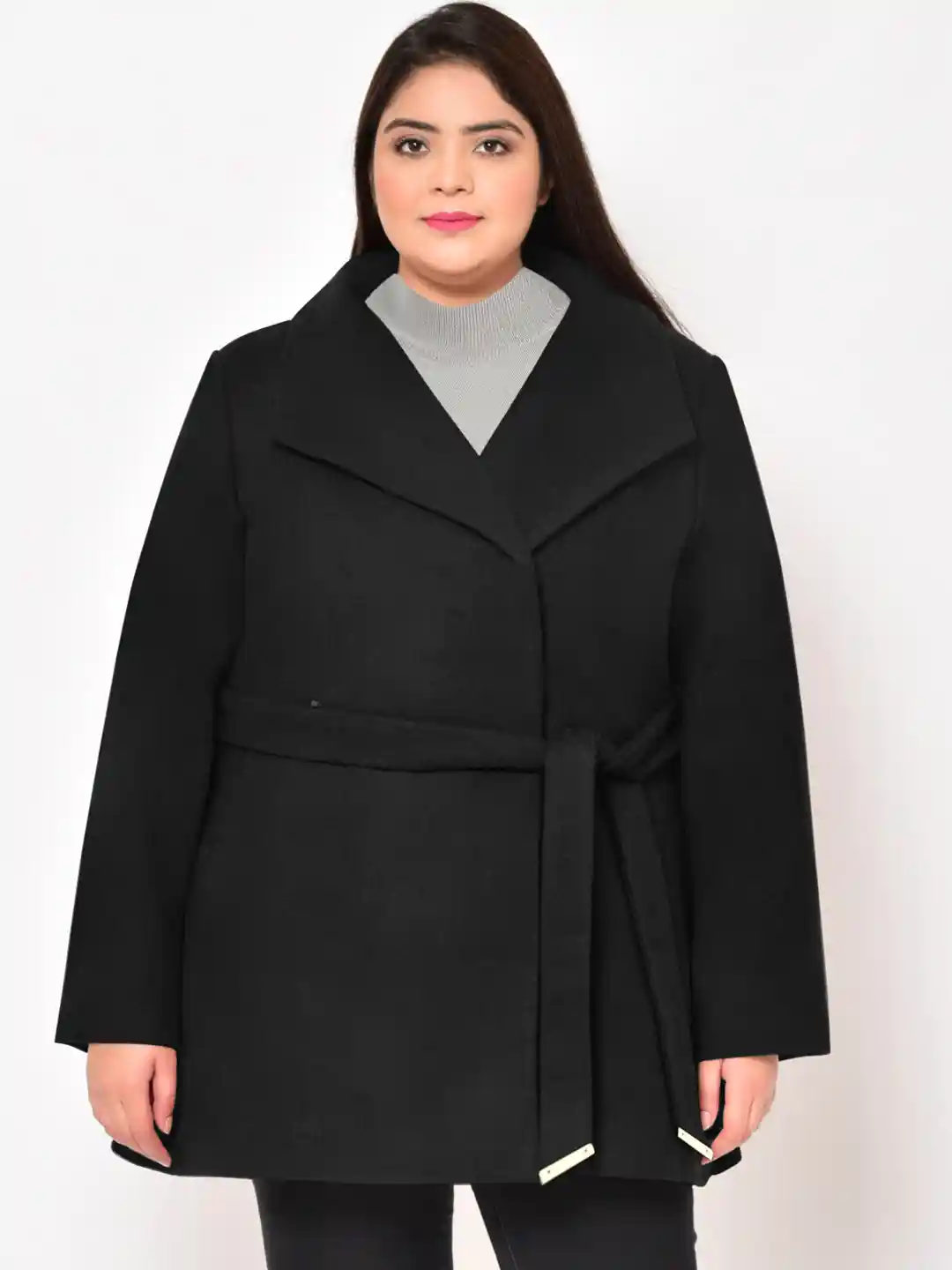 Buy wild U Women Black Solid Plus Size Pure Wool Coat - Coats for