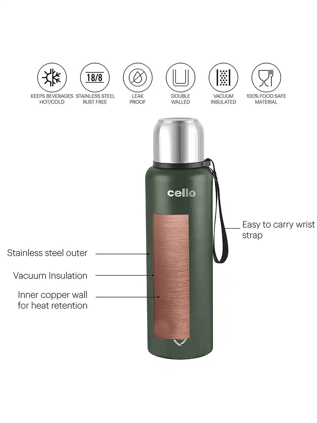 Cello Duro Tuff Steel Flip Stainless Steel Water Bottle - 500ml, Double Walled, Military Green With Thermal Jacket - View #12