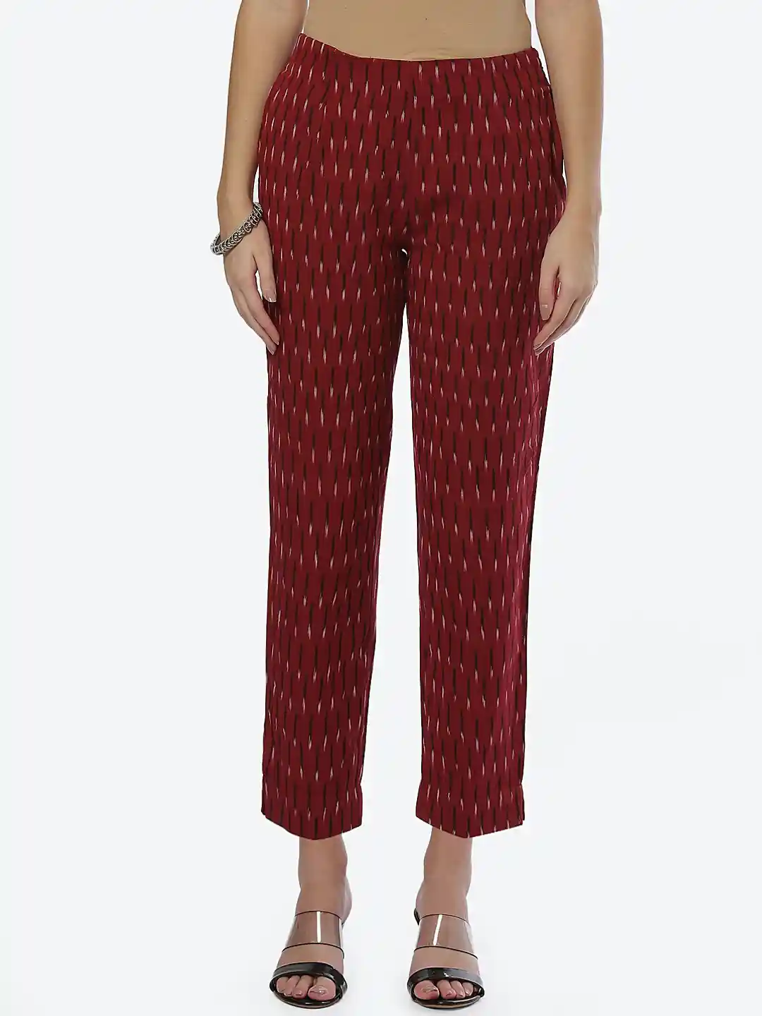 Buy Biba Women Maroon Striped Smart Straight Fit Cotton Trouser