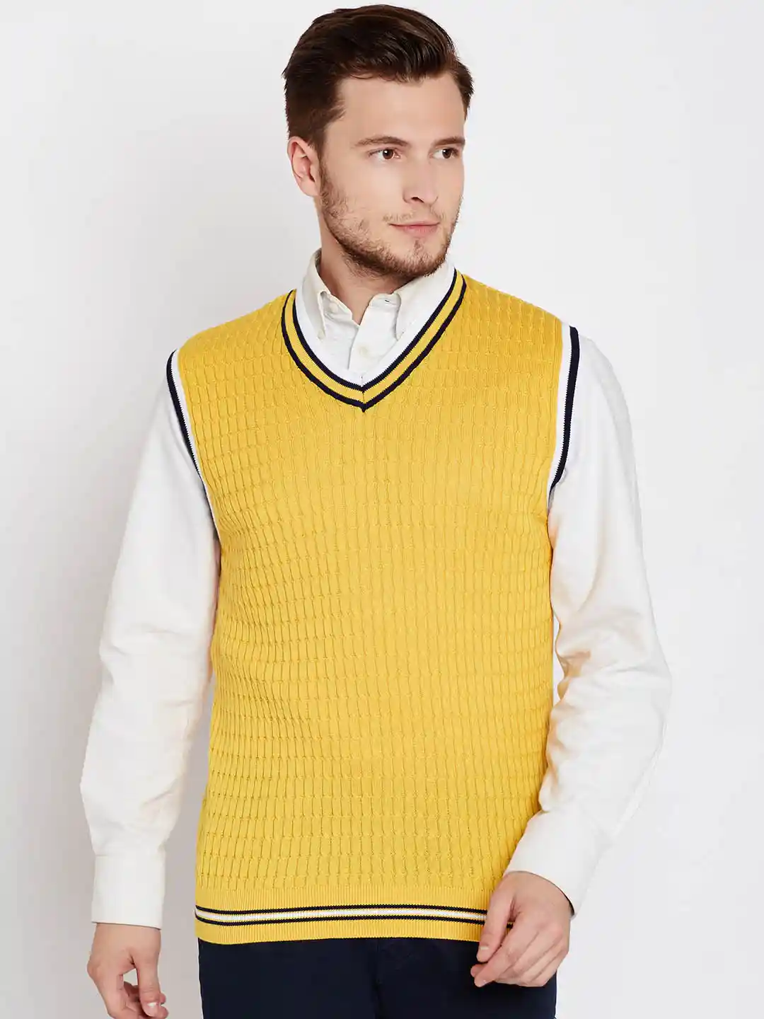 Buy Van Heusen Sport Men Yellow Cable Knit Sleeveless Sweater
