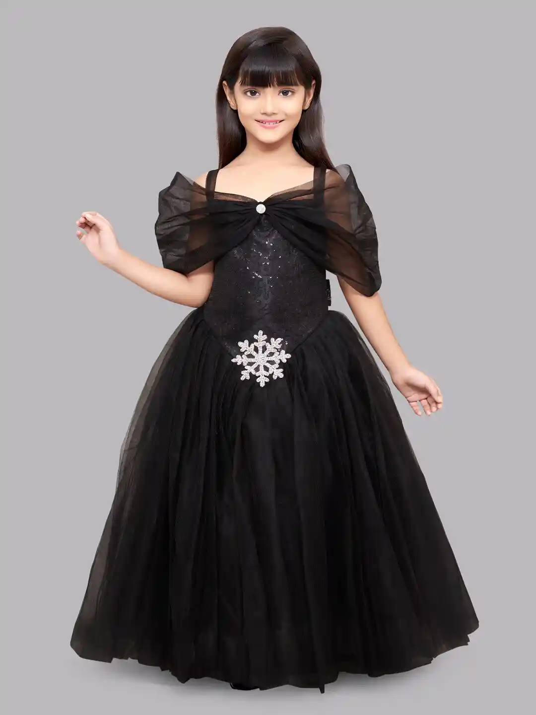 Buy Pink Chick Girls Black Sequinned Off-Shoulder Net Ball Gown