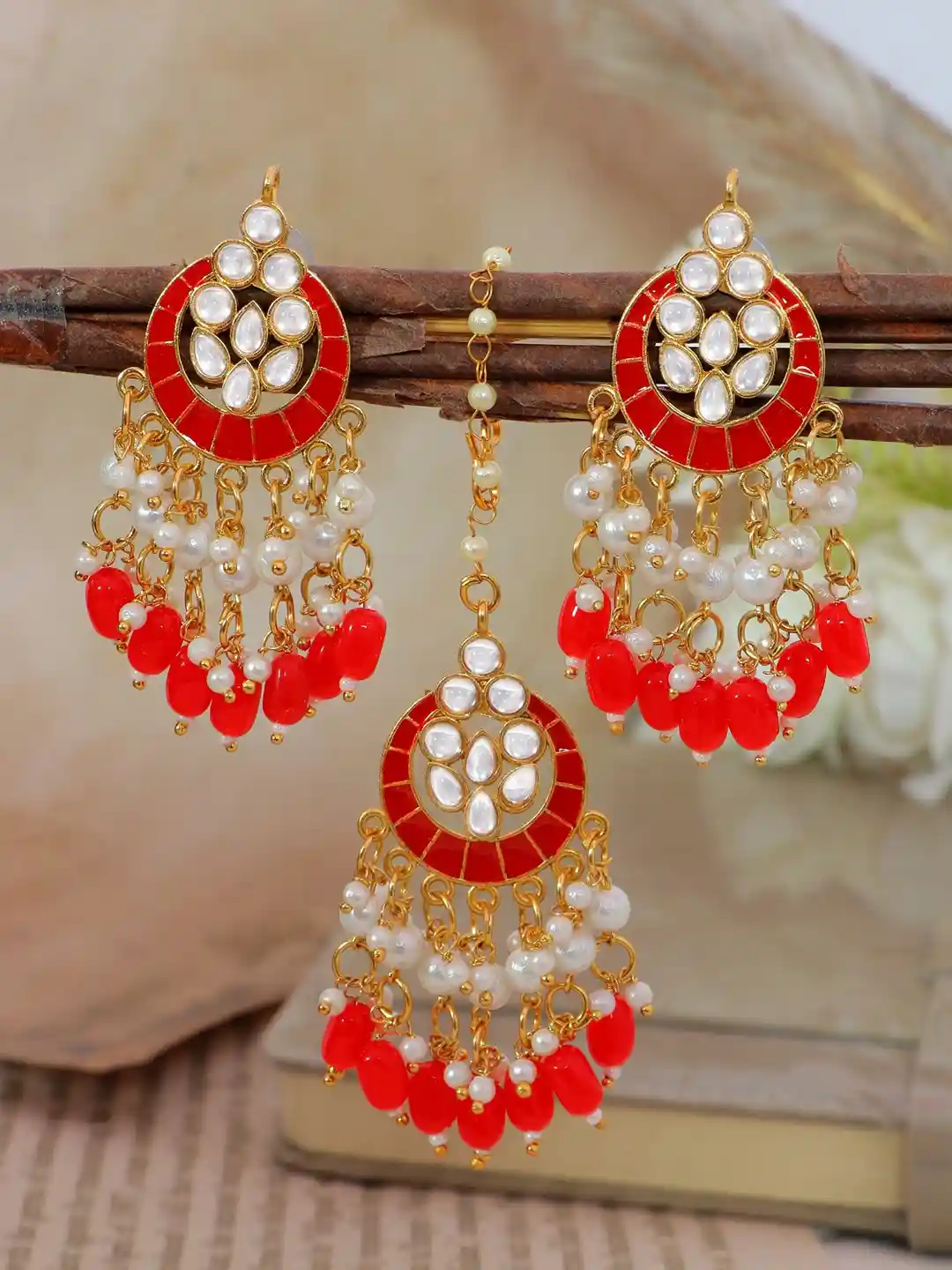 Crunchy Fashion Women Red White Gold-Plated Kundan Maang Tika and Earrings