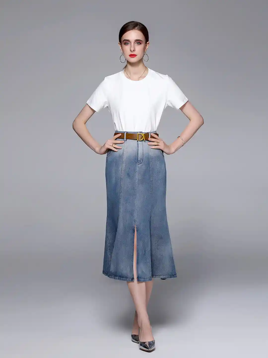JC Collection Women Blue White T-Shirt With Skirt
