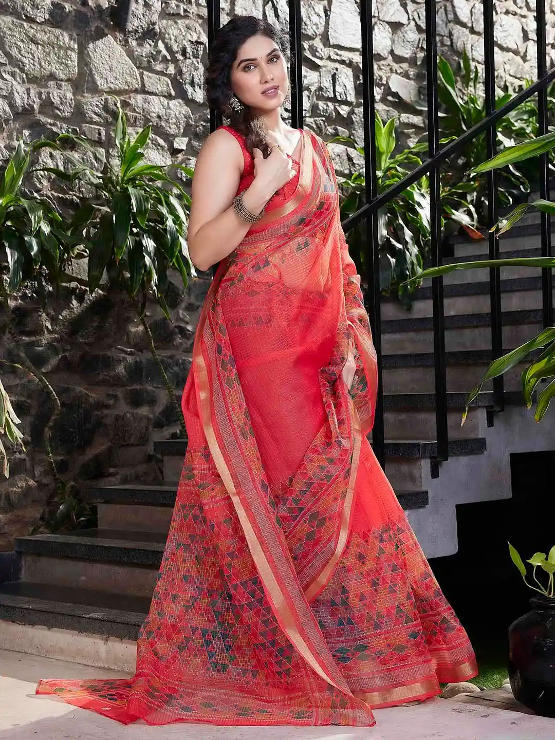 Buy KALINI Pink Green Checked Zari Organza Saree Sarees for