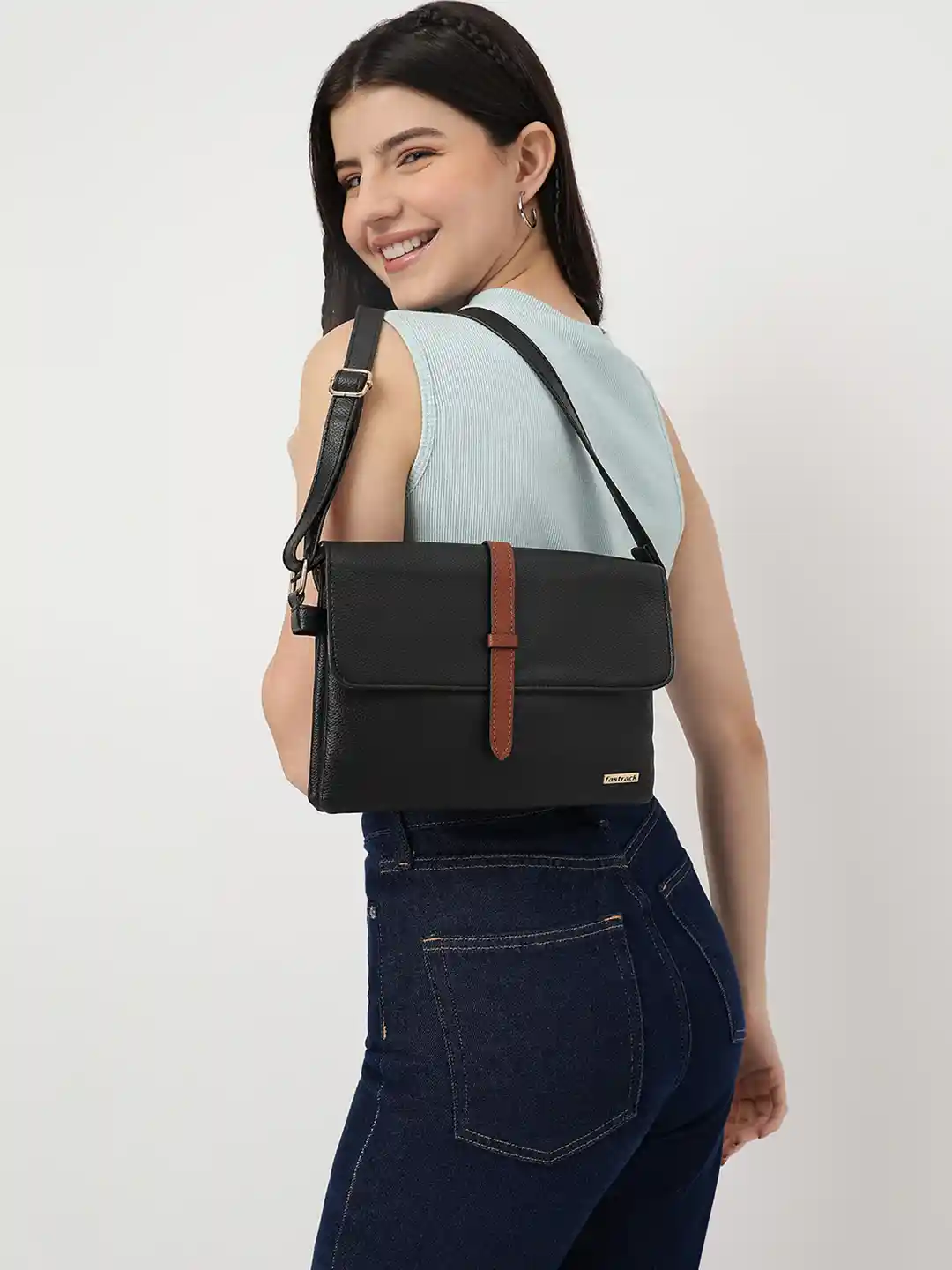 Buy Fastrack Black PU Structured Sling Bag Handbags for Women