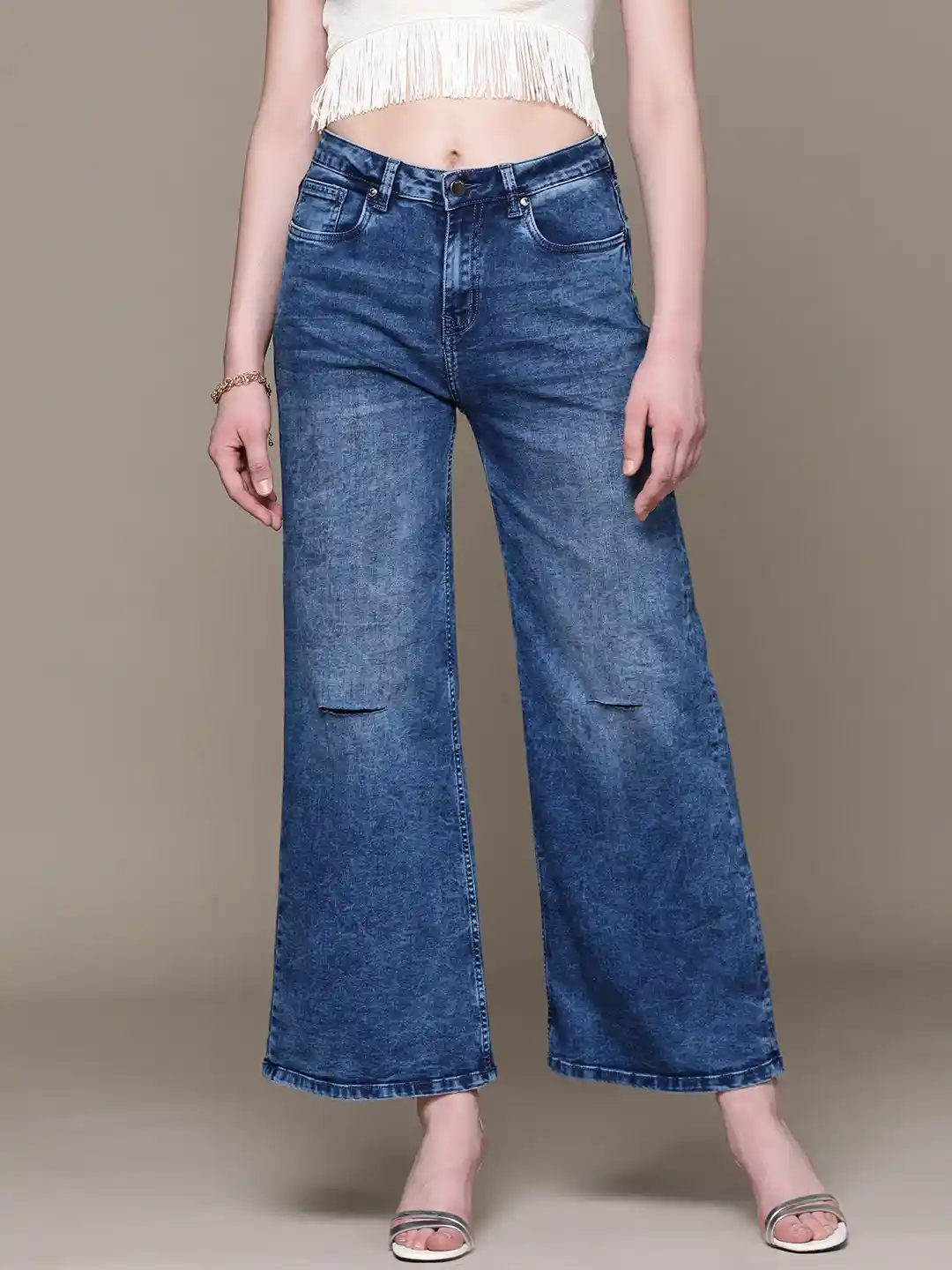 Buy bebe Women Denim Daze High-Rise Slash Knee Wide Leg Jeans