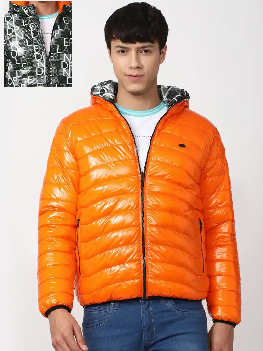 Buy Peter England Casuals Men Orange Black Hooded Reversible