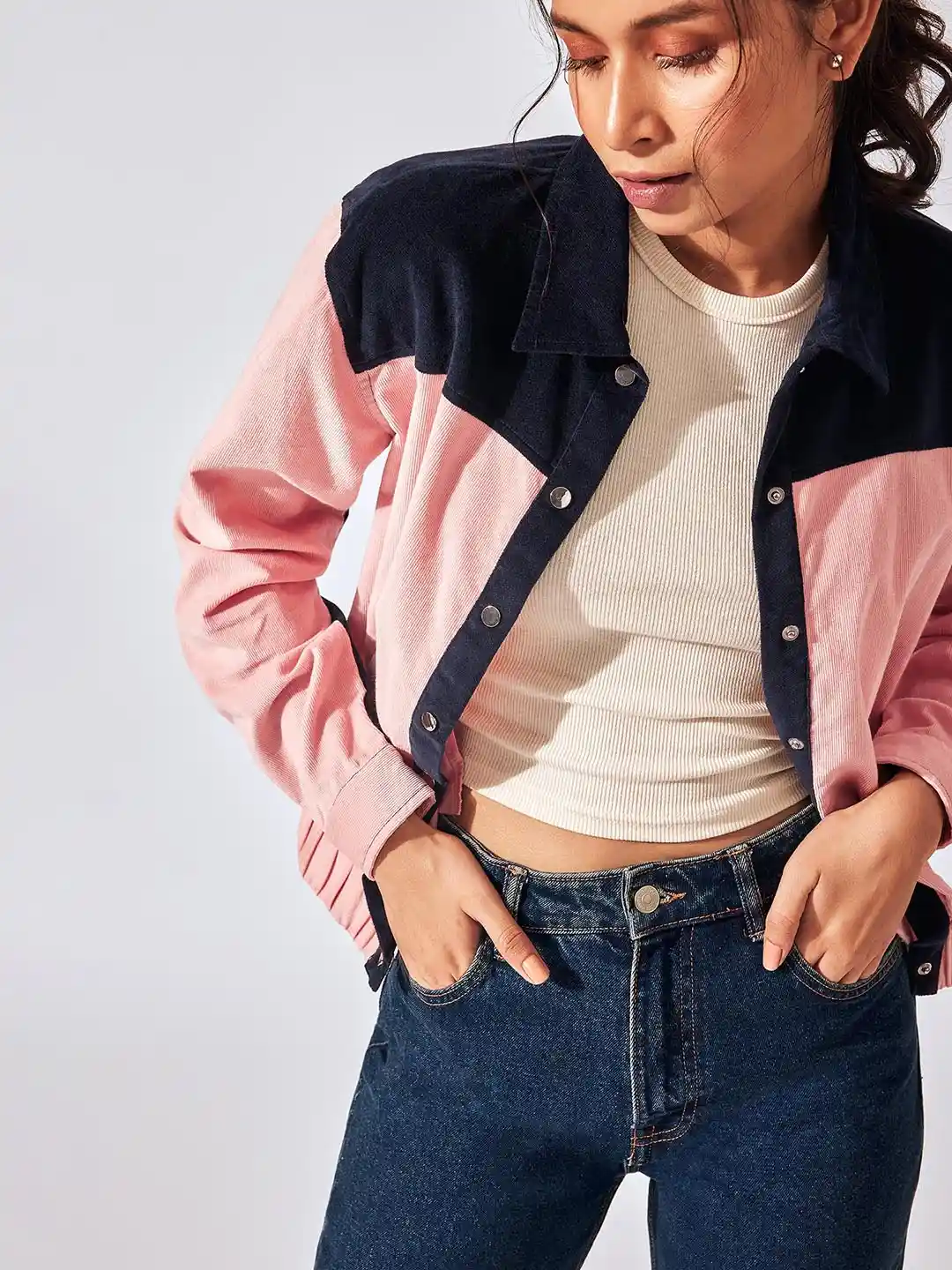 Buy The Label Life Women Pink Navy Blue Colourblocked Corduroy