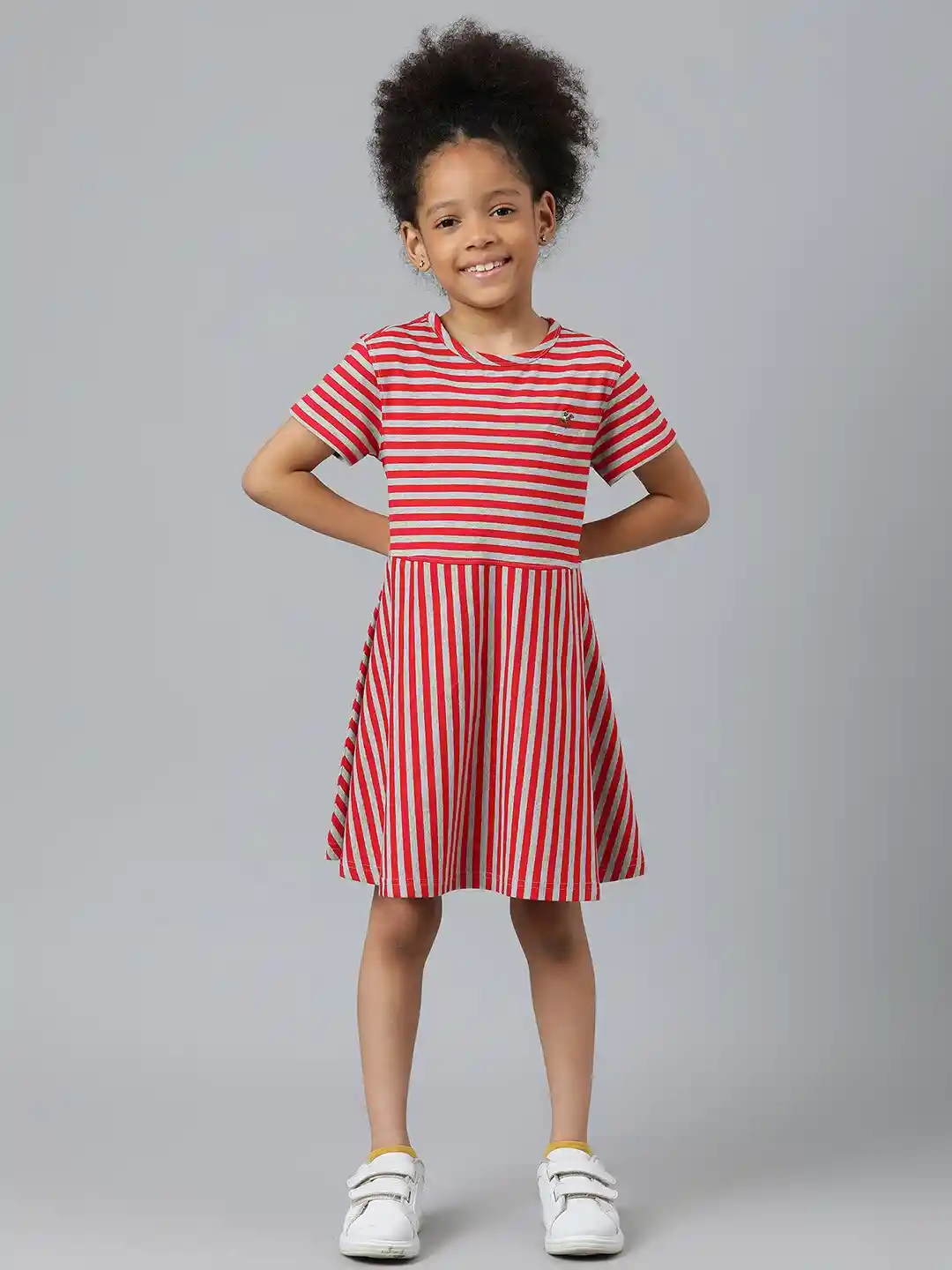 Beverly Hills Polo Club Girls Grey Red Striped Round Neck Cotton Dress