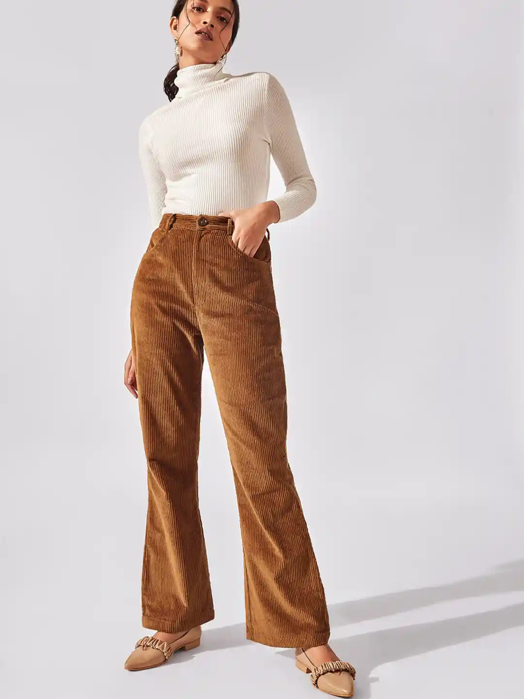Buy The Label Life Women Khaki Flared High-Rise Corduroy Trousers