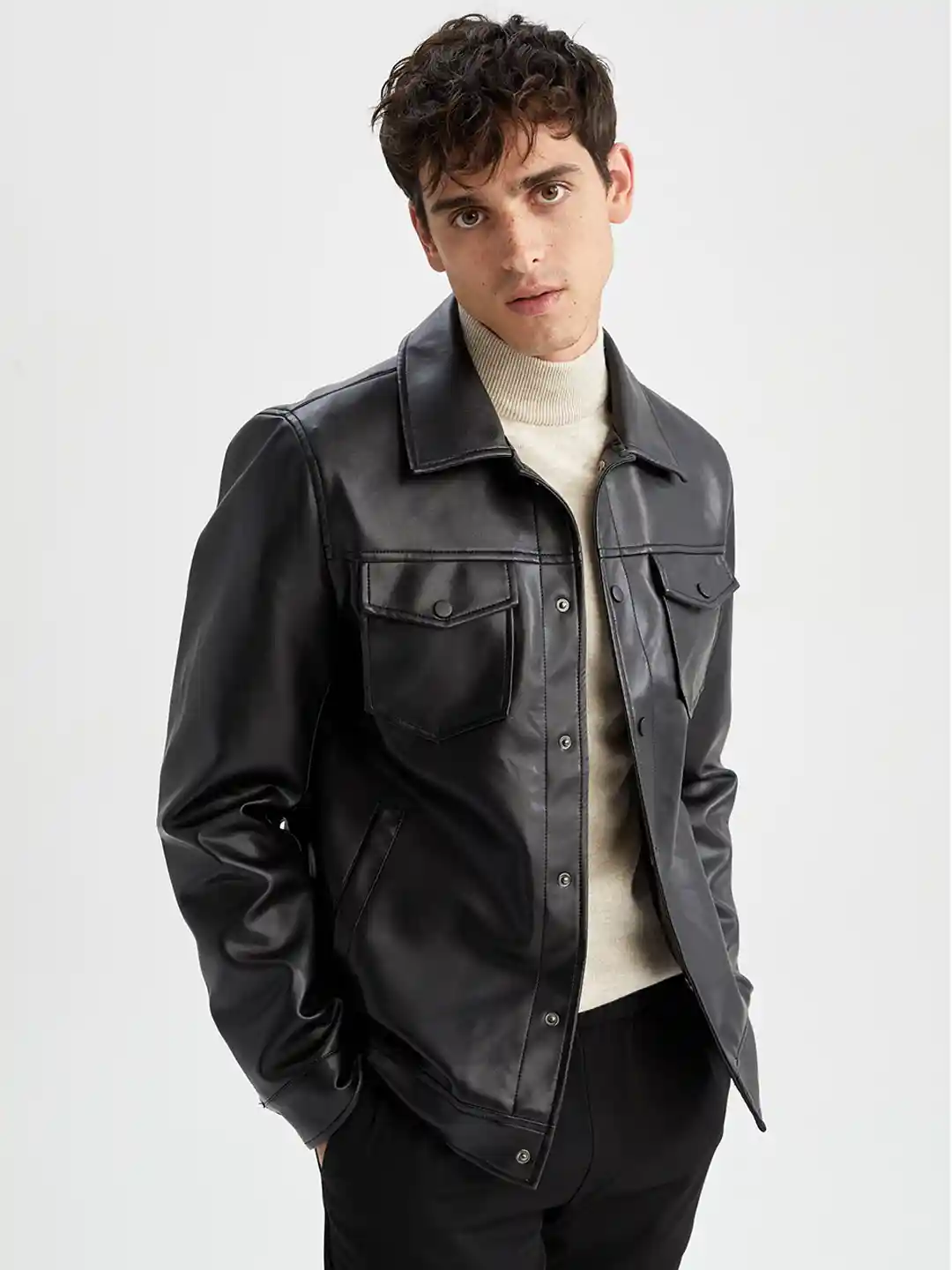 Buy DeFacto Men Black Faux Leather Jacket Jackets for Men