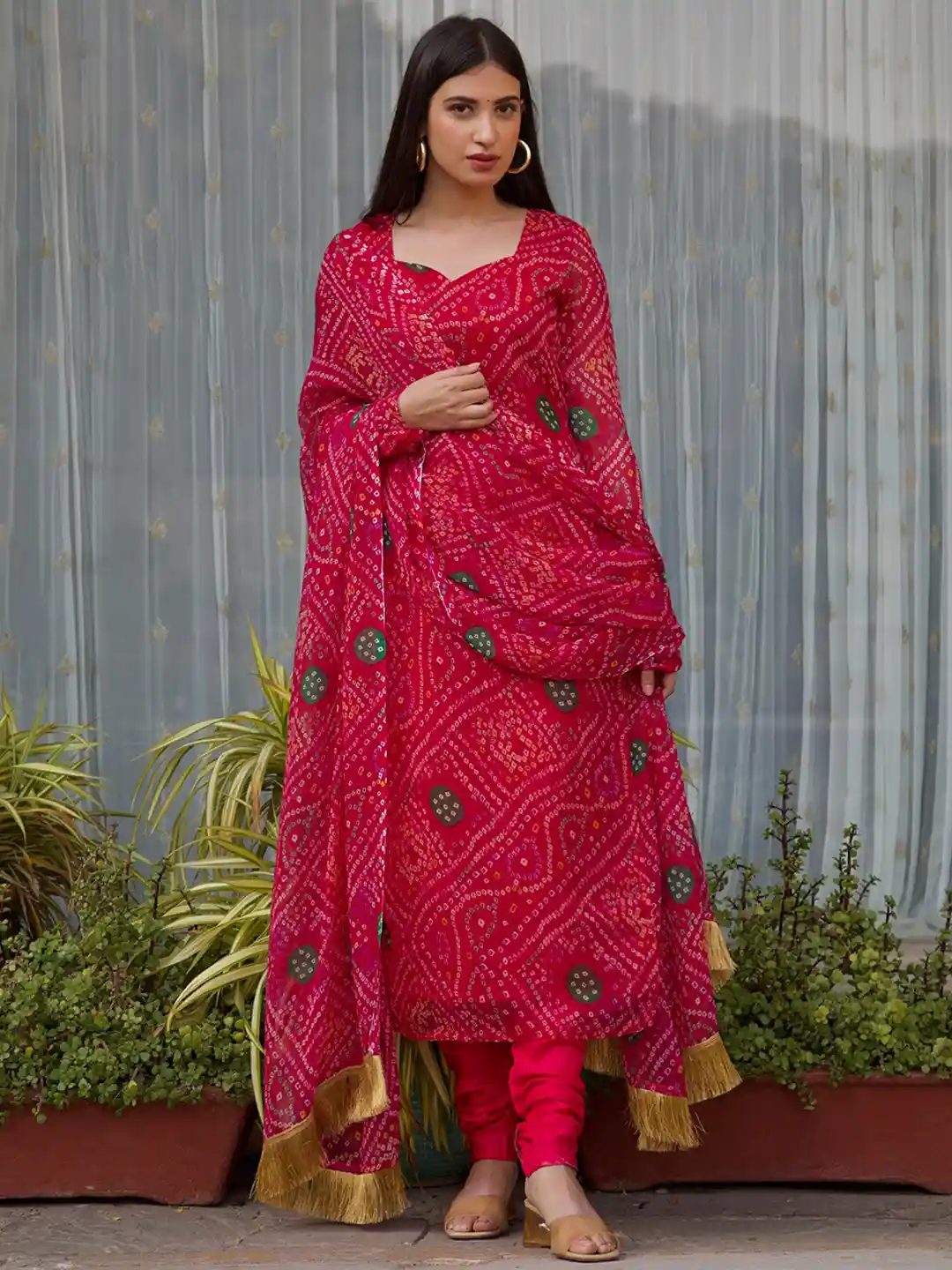 Buy OneWe Women Pink Bandhani Printed Kurta with Churidar With