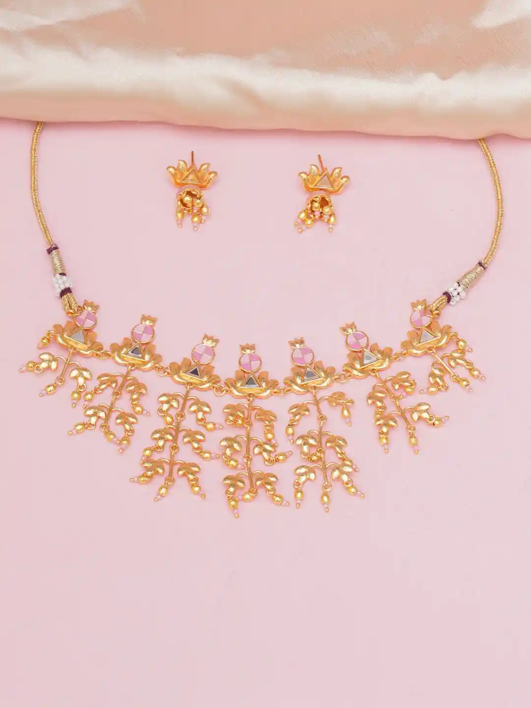 Voylla Gold-Plated Pink Stone Studded Beaded Jewellery Set