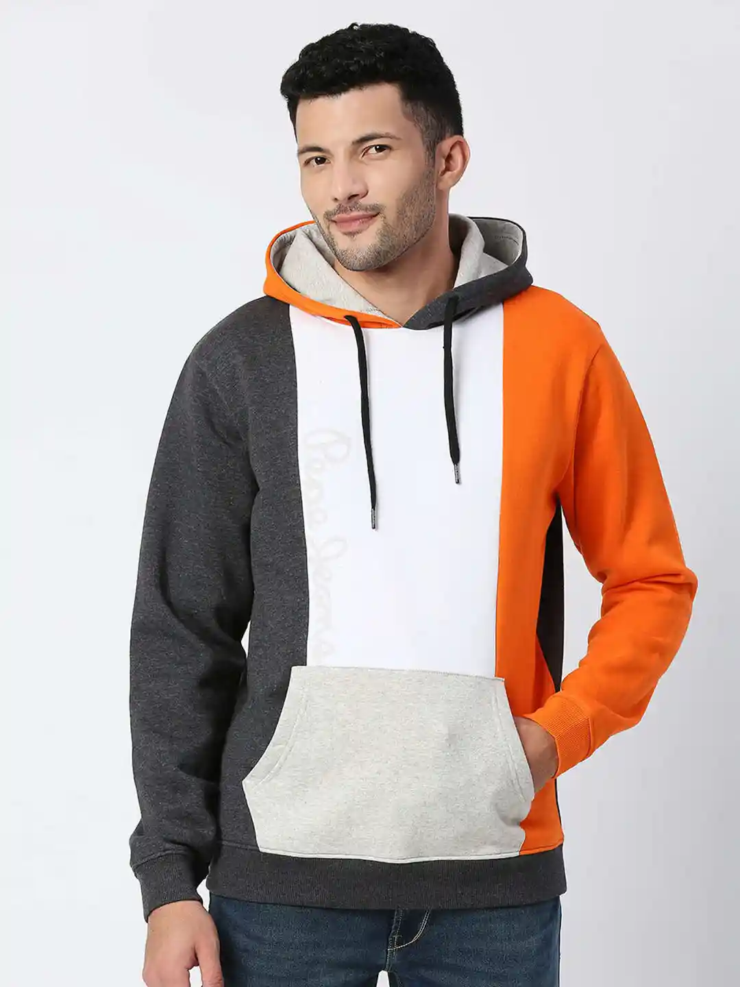 Pepe Jeans Men Grey Colourblocked Hooded Cotton Sweatshirt