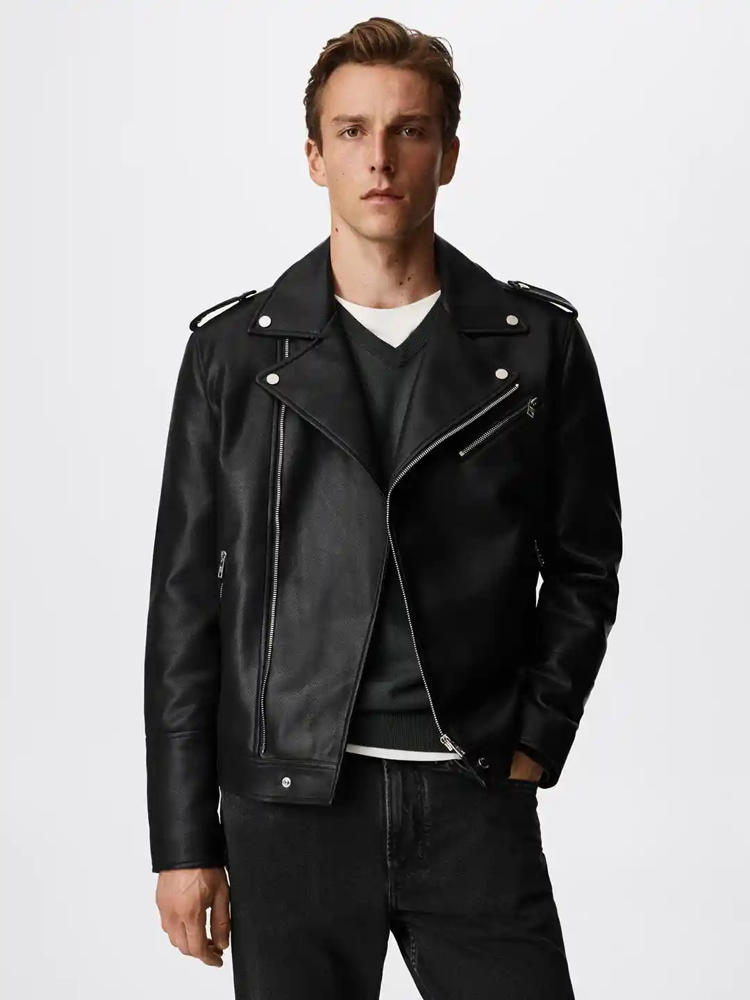 Buy MANGO MAN Black Solid Faux Leather Biker Jacket Jackets for - Main Image