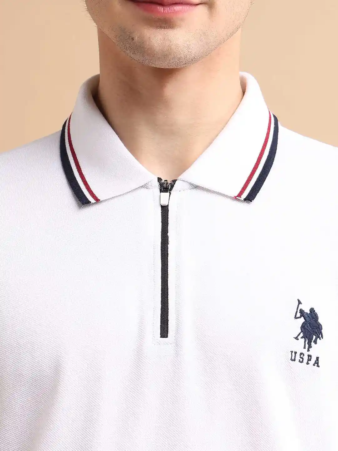 Buy Polo Men White Zipper Polo Collar Cotton T-shirt