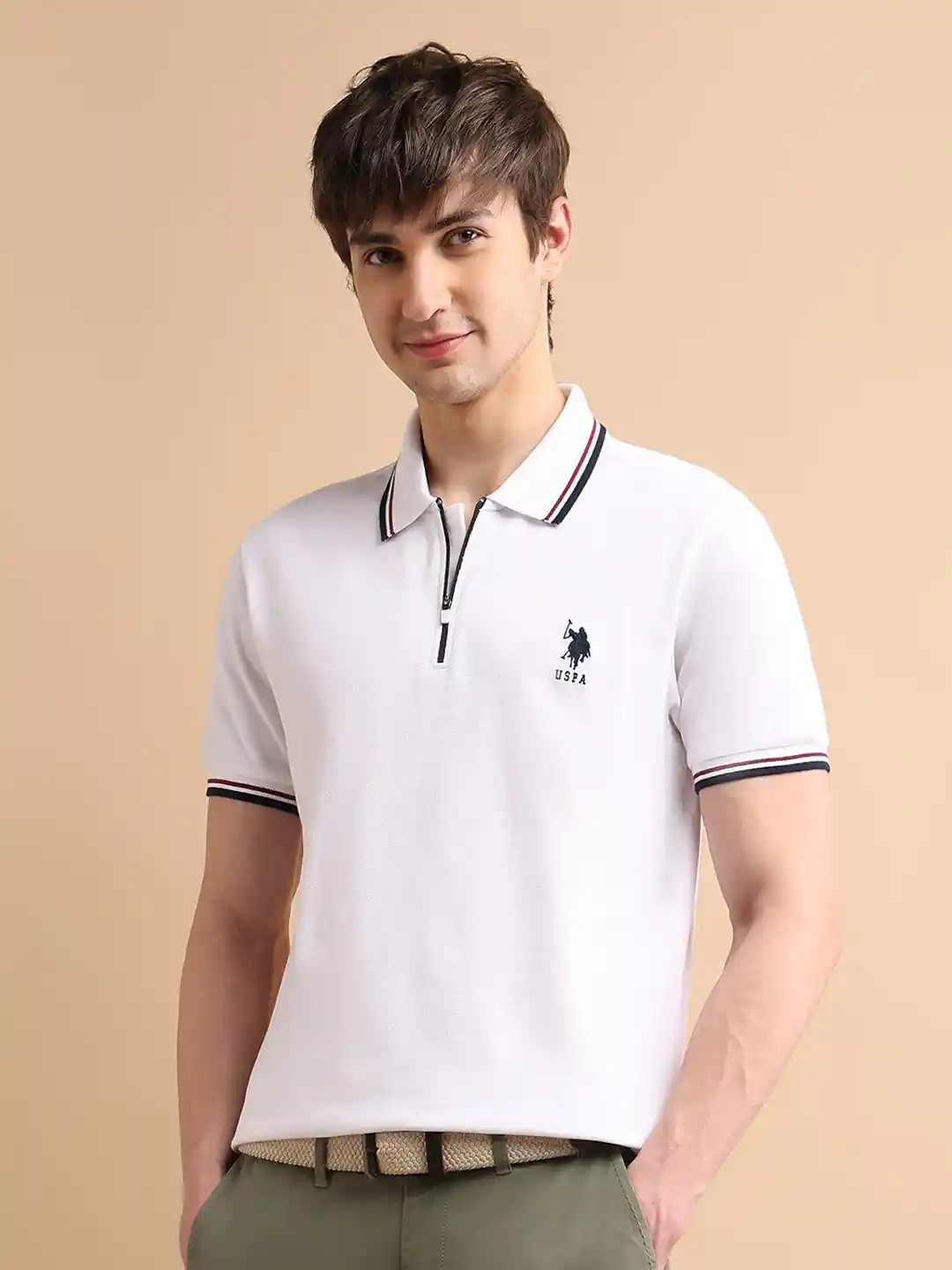 Buy Polo Men White Zipper Polo Collar Cotton T-shirt