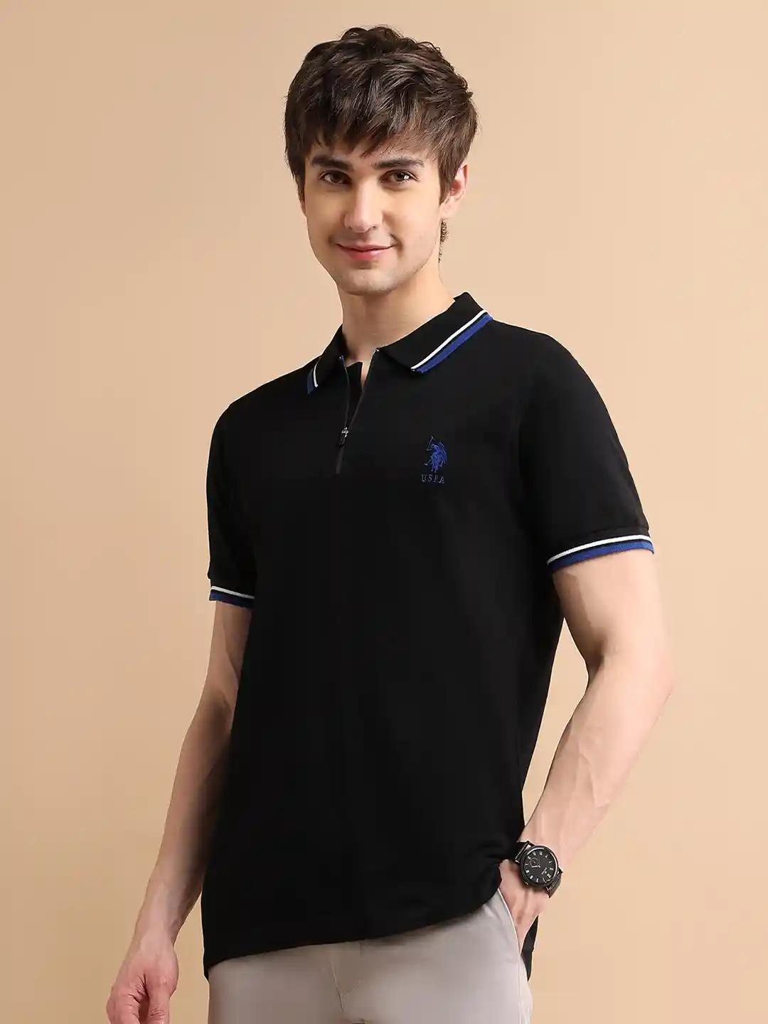 Buy Polo Men Black Zipper Polo Collar Cotton T-shirt